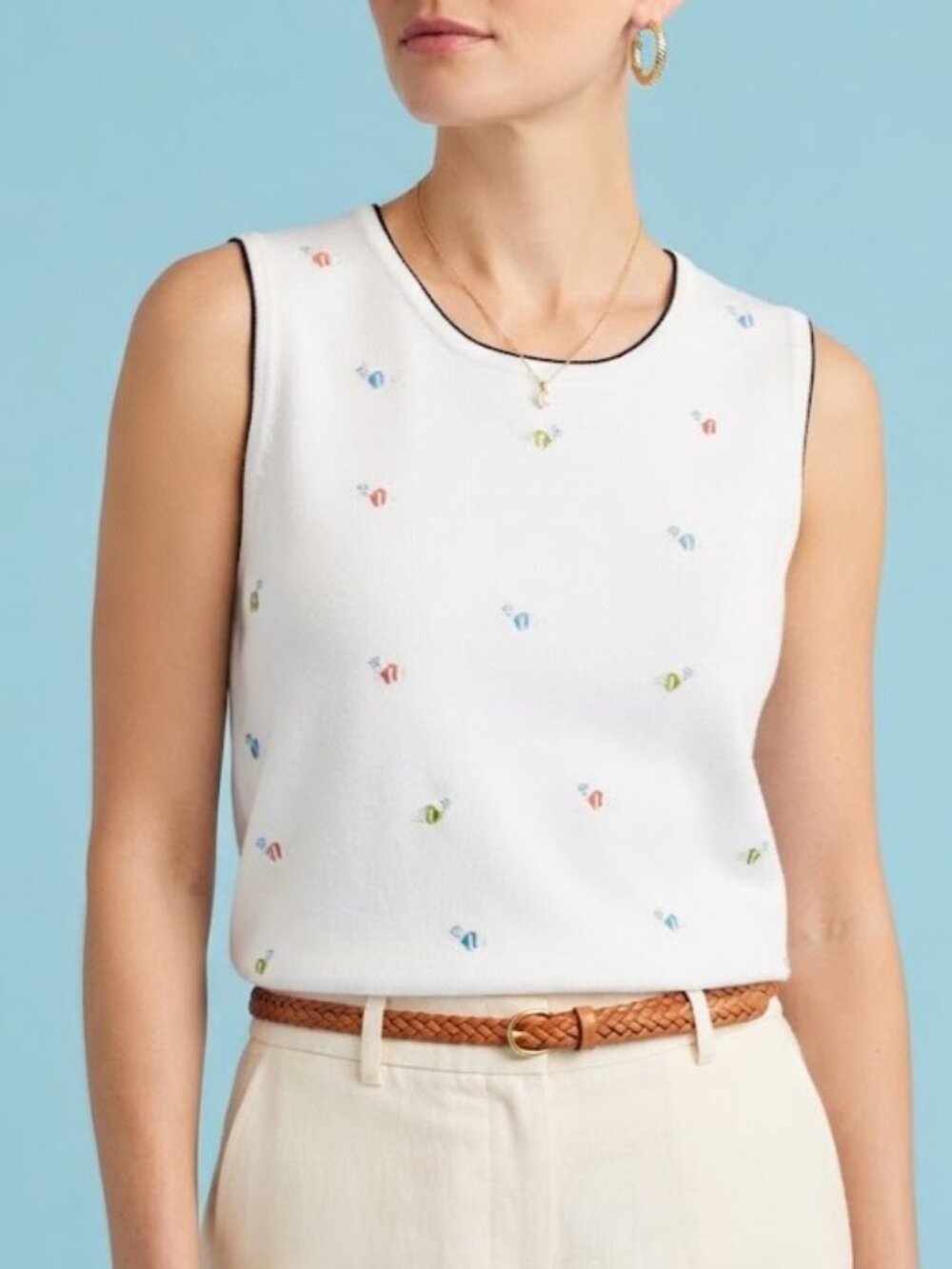 C. J. Banks White with Black Trim & Embroidered Clown Fish Tank Top